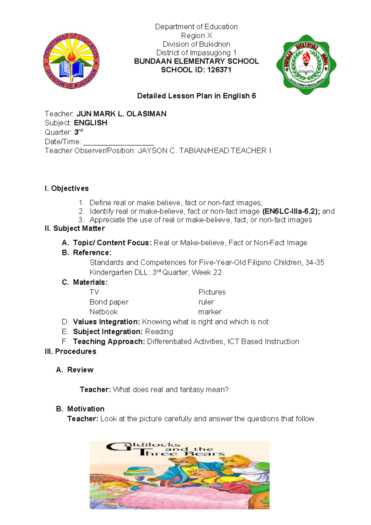 COT English 6 final cot Department of Education Region X Division