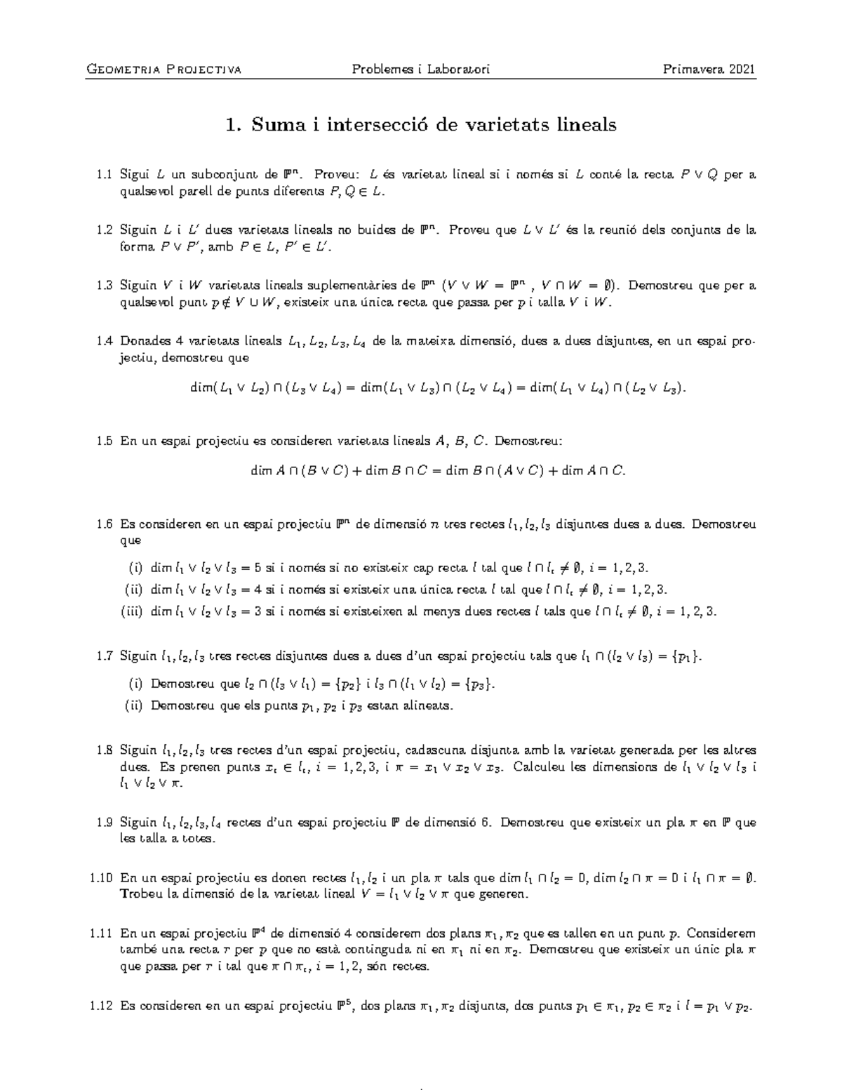Problemes 1 - Geometria Projectiva Problemes I Laboratori Primavera ...