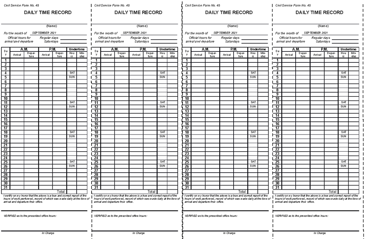 Digital Daily Time record DTR September 2021 - Civil Service Form No ...