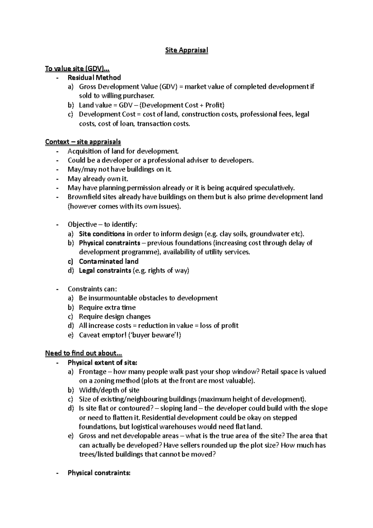Site Appraisal - Lecture notes 2 - Site Appraisal To value site (GDV ...