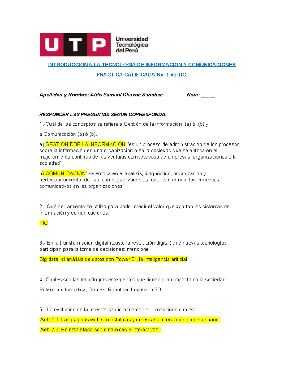 Práctica Calificada 1 de Tecnología de Información y Comunicaciones TIC ...