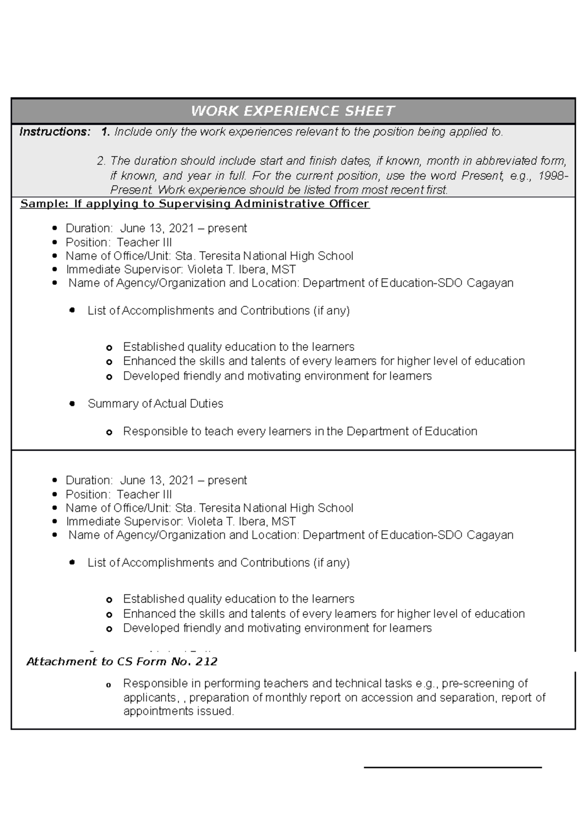 summary of work experience and education