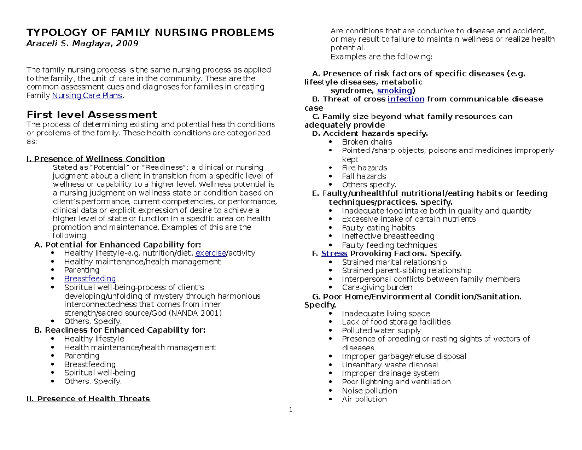 Typology OF Family Nursing Problems Handout 4 - TYPOLOGY OF FAMILY ...