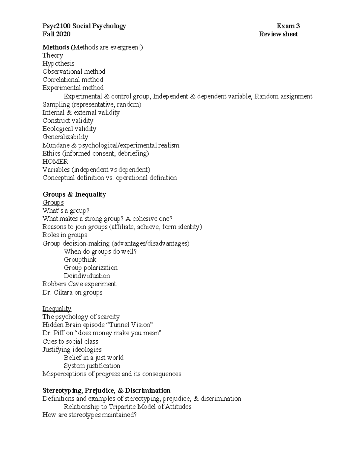Exam 3 review sheet - Practice materials - Psyc2100 Social Psychology ...