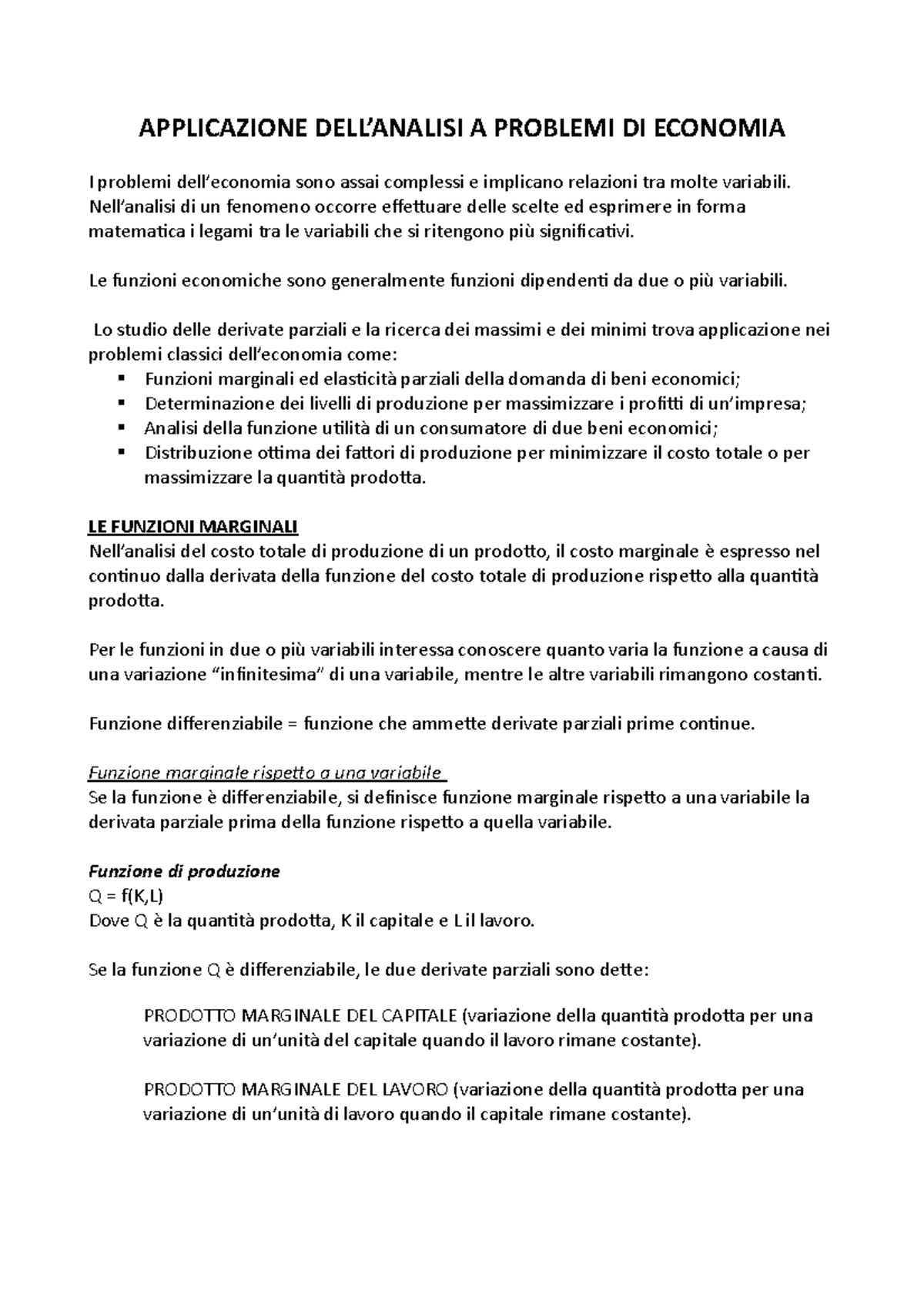 Matematica anno 5 indirizzo AFM APPLICAZIONE DELL’ANALISI A PROBLEMI DI ECONOMIA I problemi