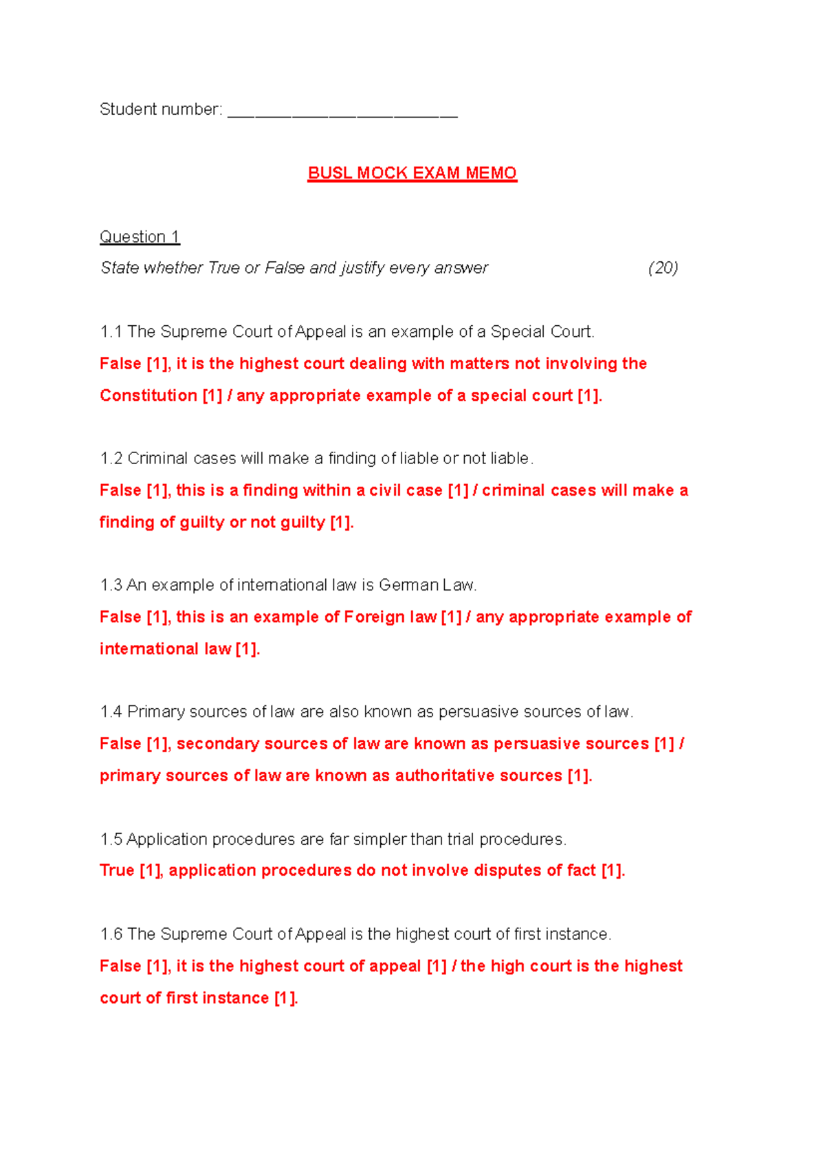 Mock Exam Memo - Answers for exam - Student number ...
