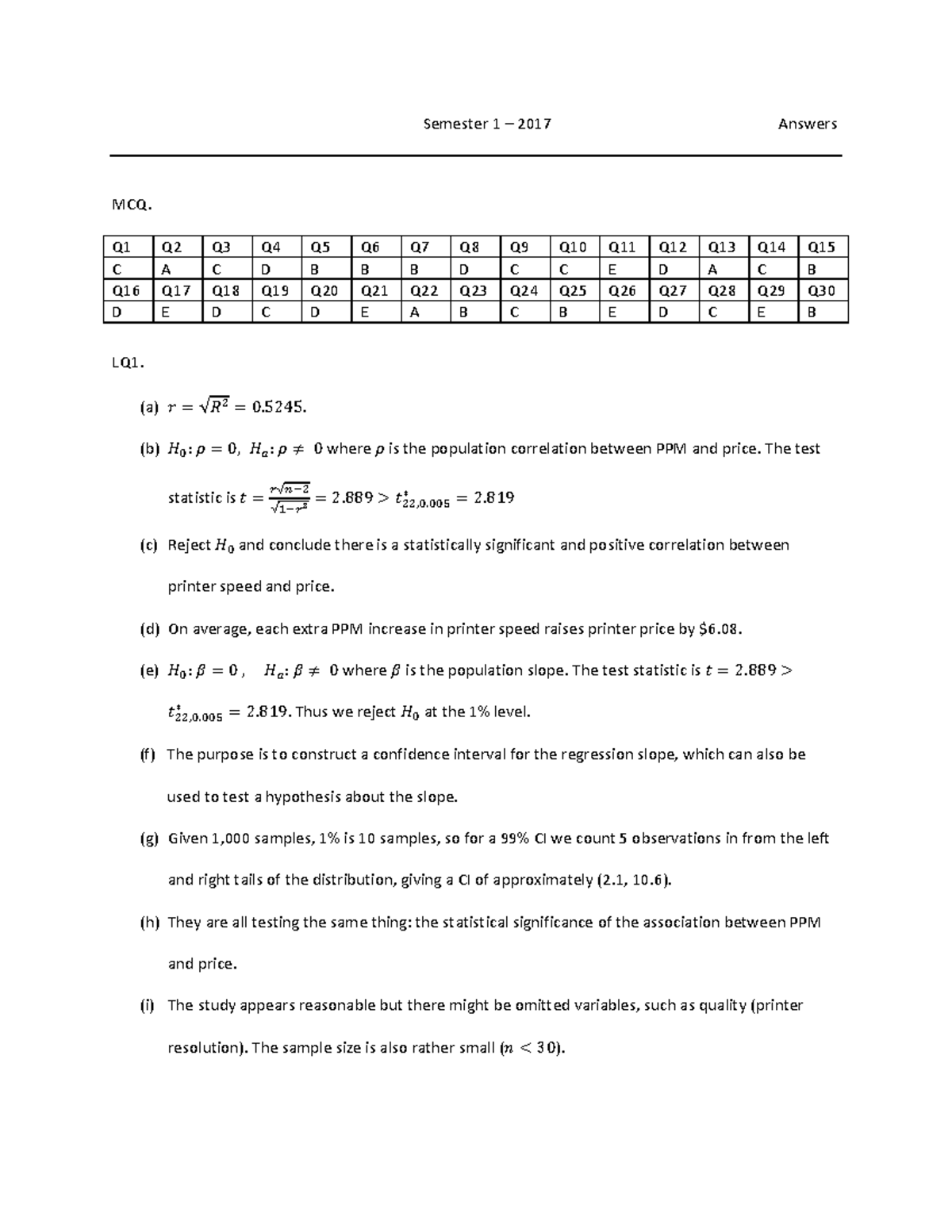 Exam 2017, questions and answers - Semester 1 – 2017 Answers MCQ. Q1 Q2 ...