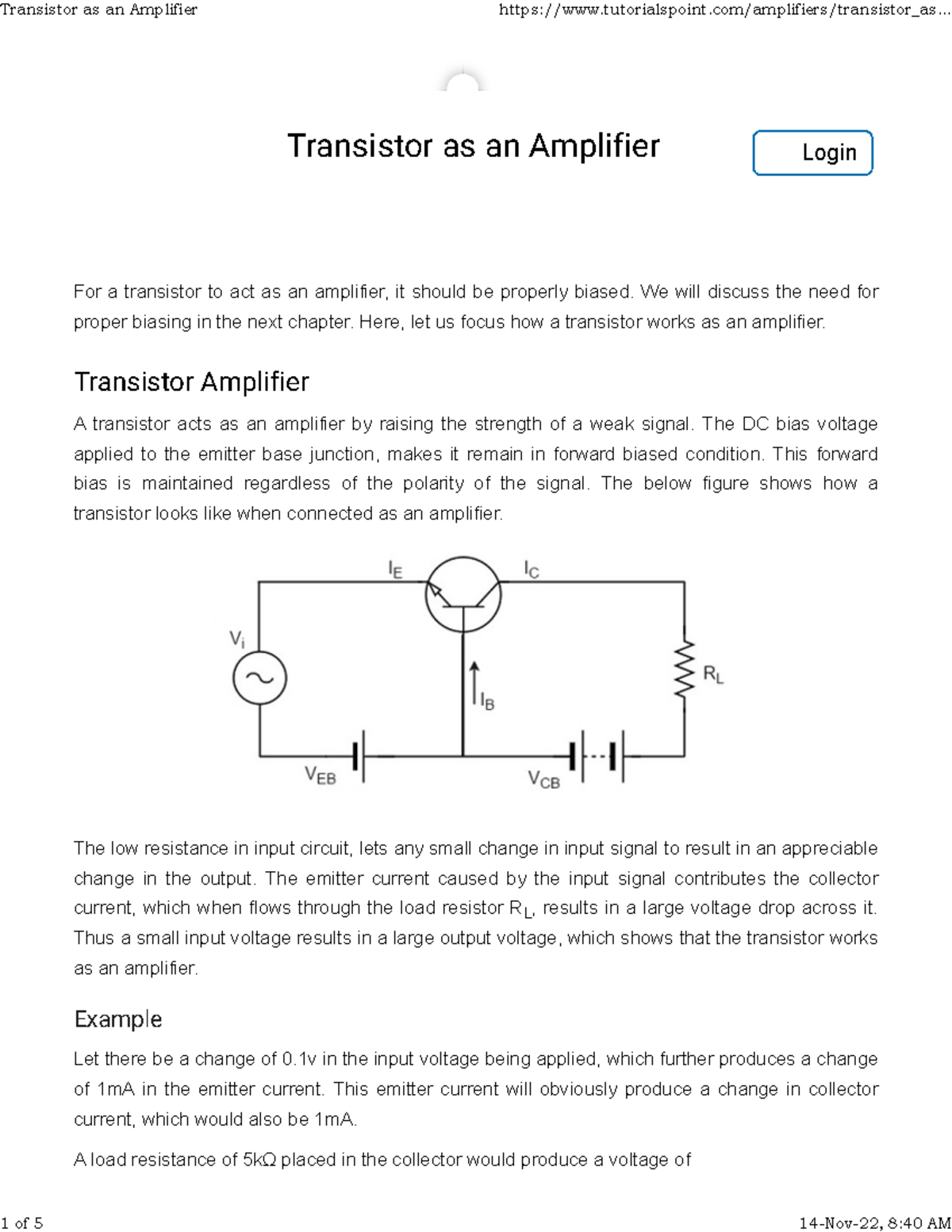 UNIT 5 Transistor as an Amplifier Transistor as an Amplifier For a