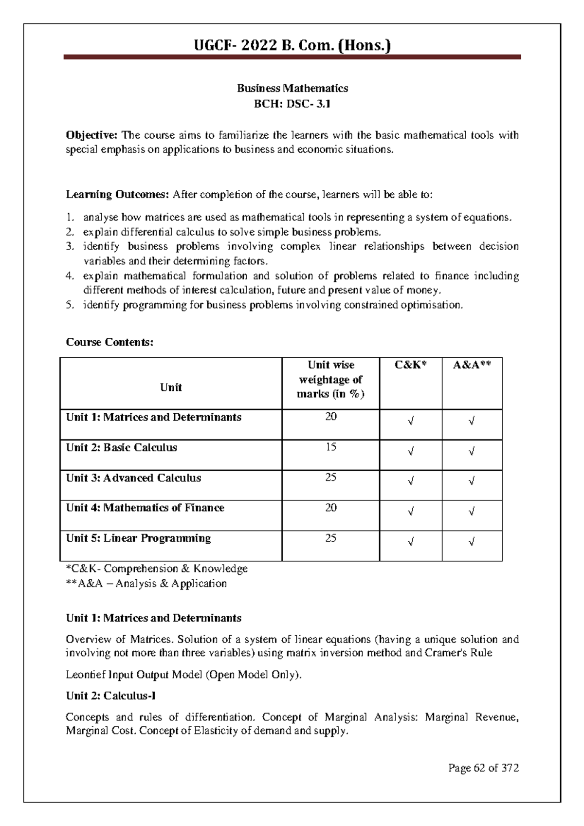 (Hons.) Syllabus NEP UGCF Business Mathematics BCH DSC 3