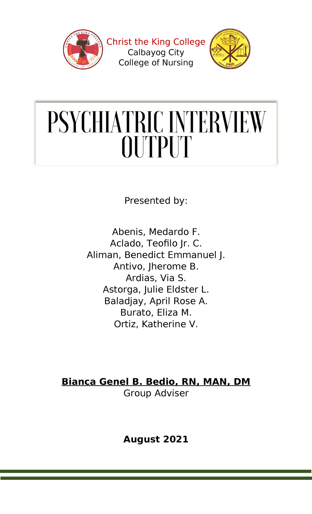 Psychiatric- Interview- Output - Christ the King College Calbayog City ...