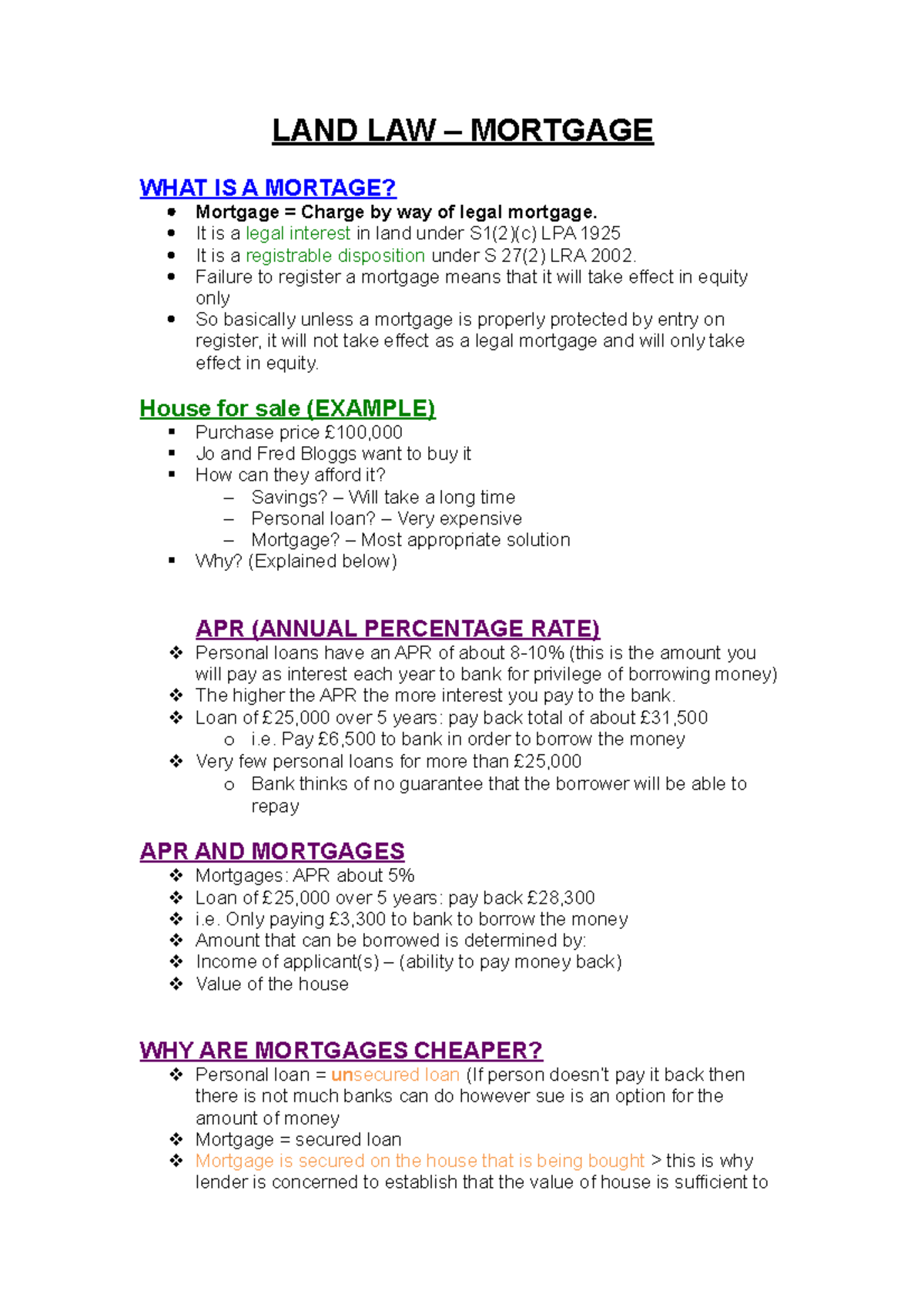 Summary - Full Notes On The Topic Mortgages - LAND LAW MORTGAGE WHAT IS ...