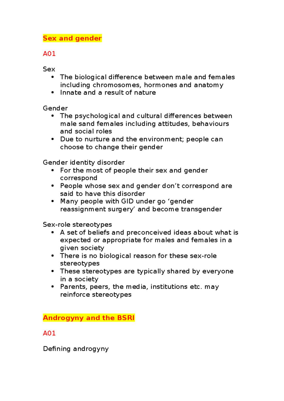 Gender summary notes - Sex and gender A Sex The biological difference ...