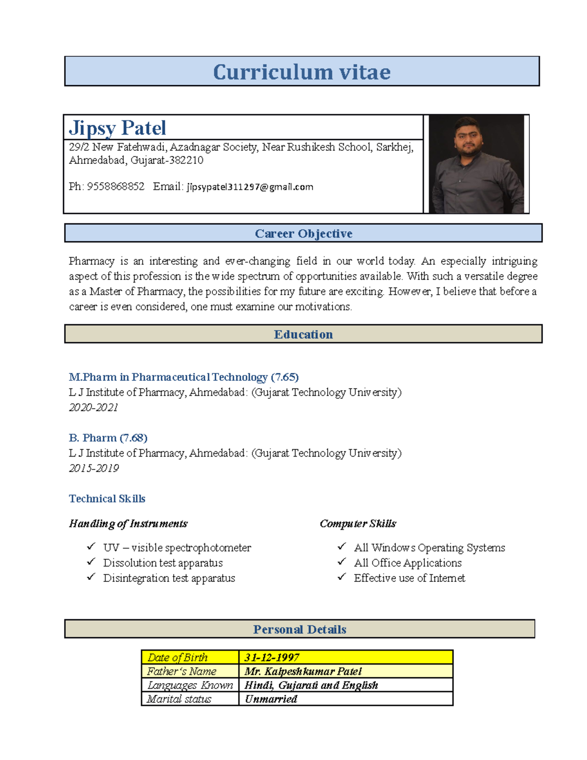SIP SUBAJI THAKOR - Curriculum vitae Jipsy Patel 29/2 New Fatehwadi ...
