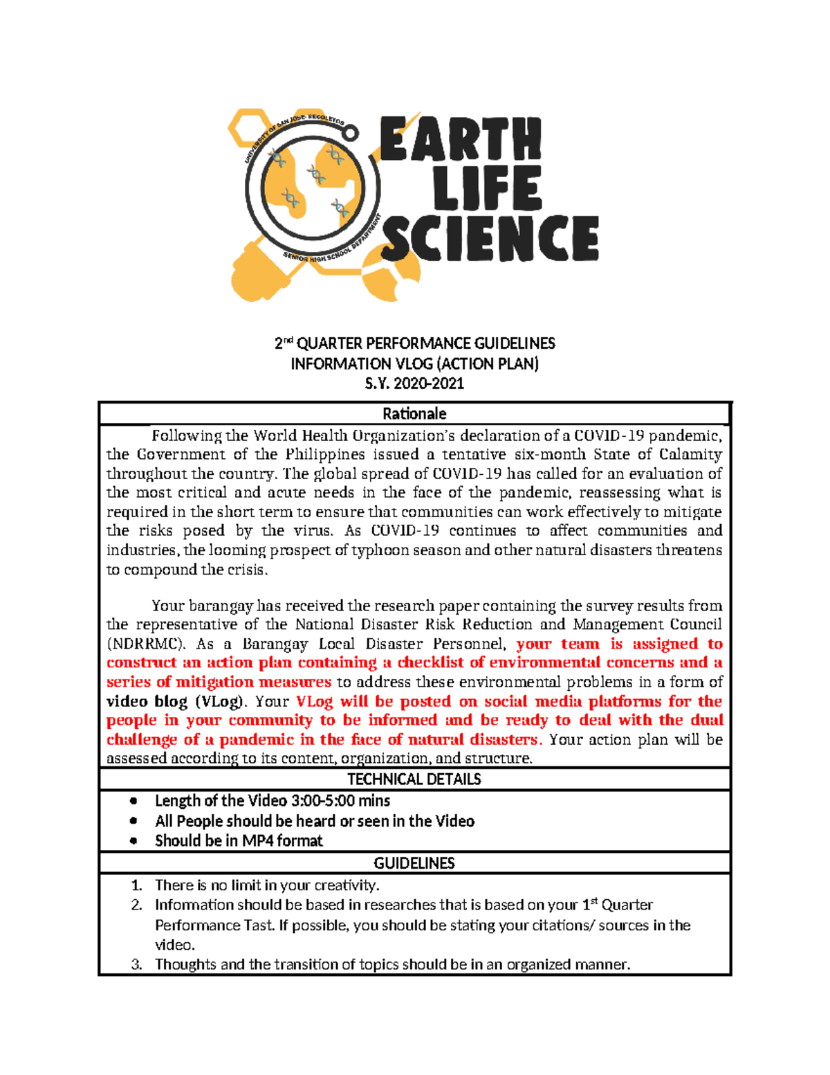 2nd Performance Task in Earth and Life Science - 2 nd QUARTER ...