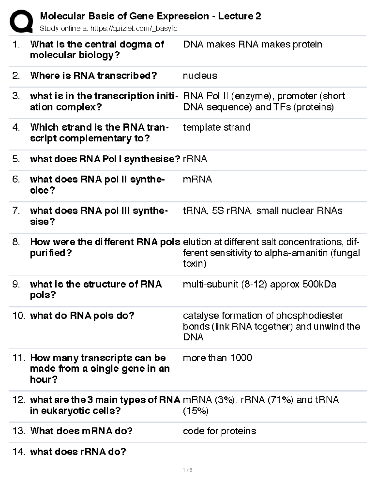 Molecular Basis of Gene Expression Lectures quizlet Study online at