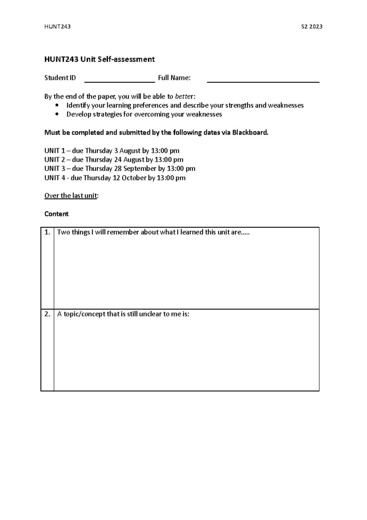 HUNT243 SelfAssessment Instructions HUNT243 S2 2023 HUNT243 Unit