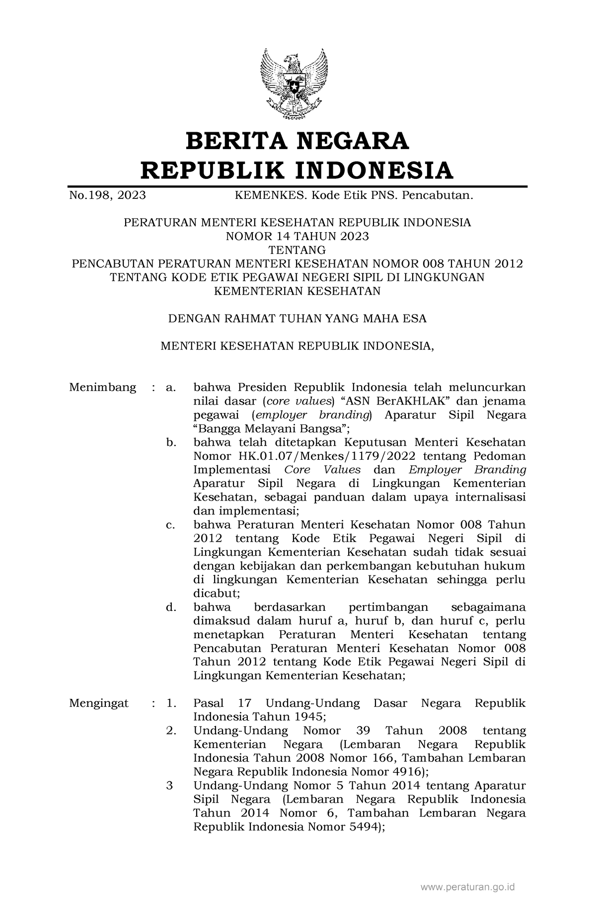 Permenkes No14 Tahun 2023 - BERITA NEGARA REPUBLIK INDONESIA No. 198 ...