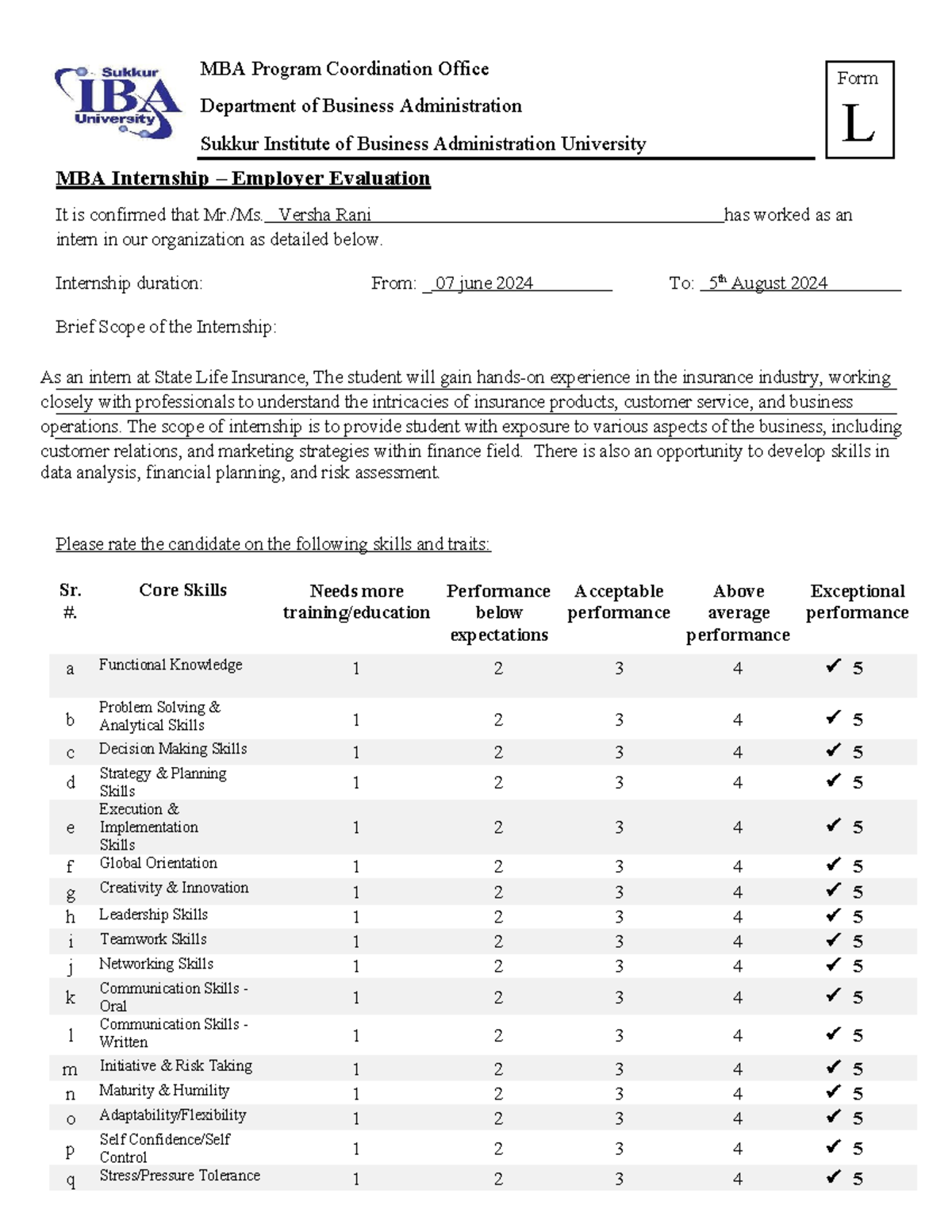 MBA - Internship Assessment Format - MBA Program Coordination Office ...