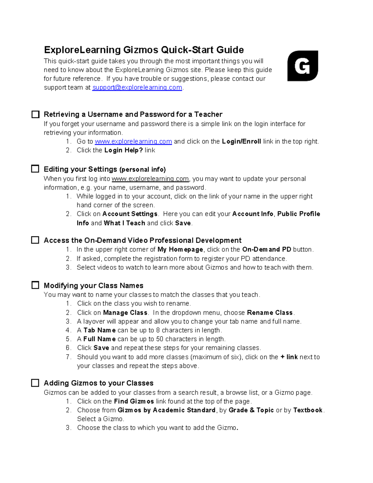 Gizmos Quick Start Guide 2020 ExploreLearning Gizmos QuickStart