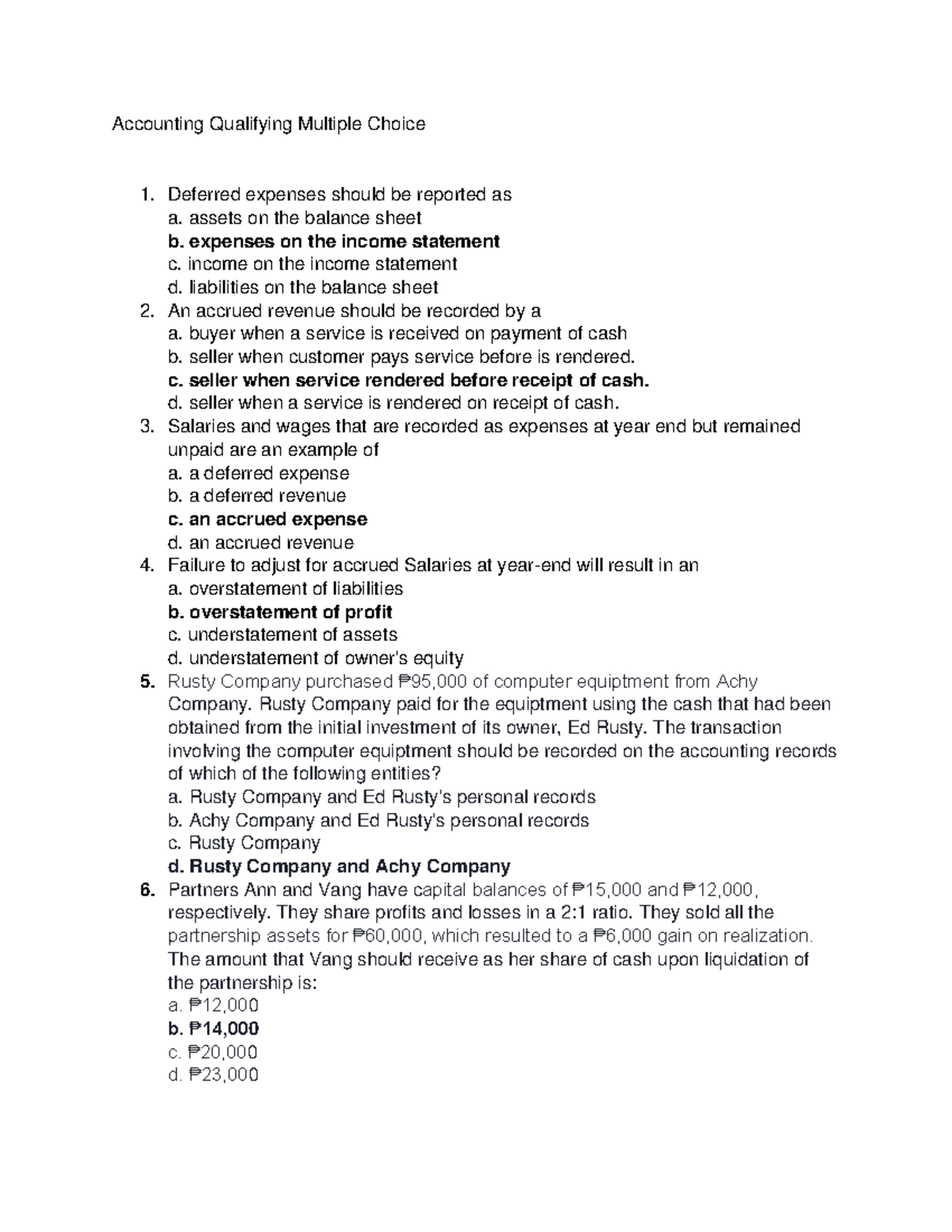 Accounting Qualifying Multiple Choice Accounting Qualifying Multiple