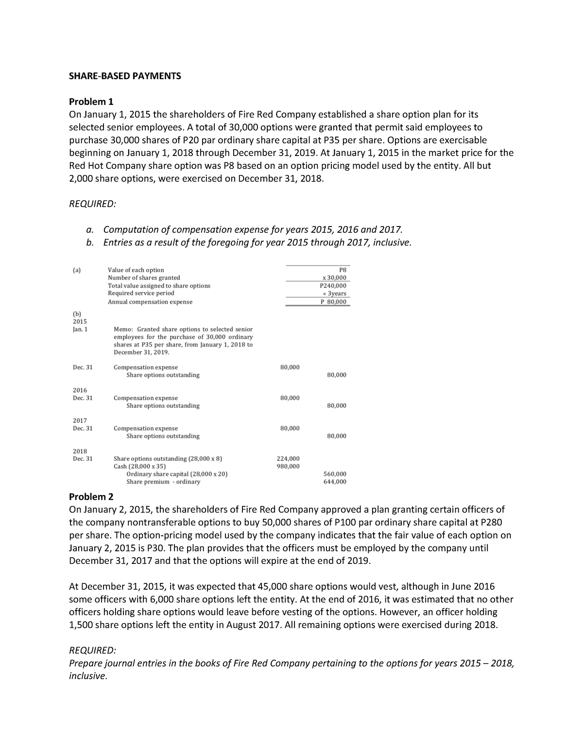 Share-based payments - SHARE-BASED PAYMENTS Problem 1 On January 1 ...