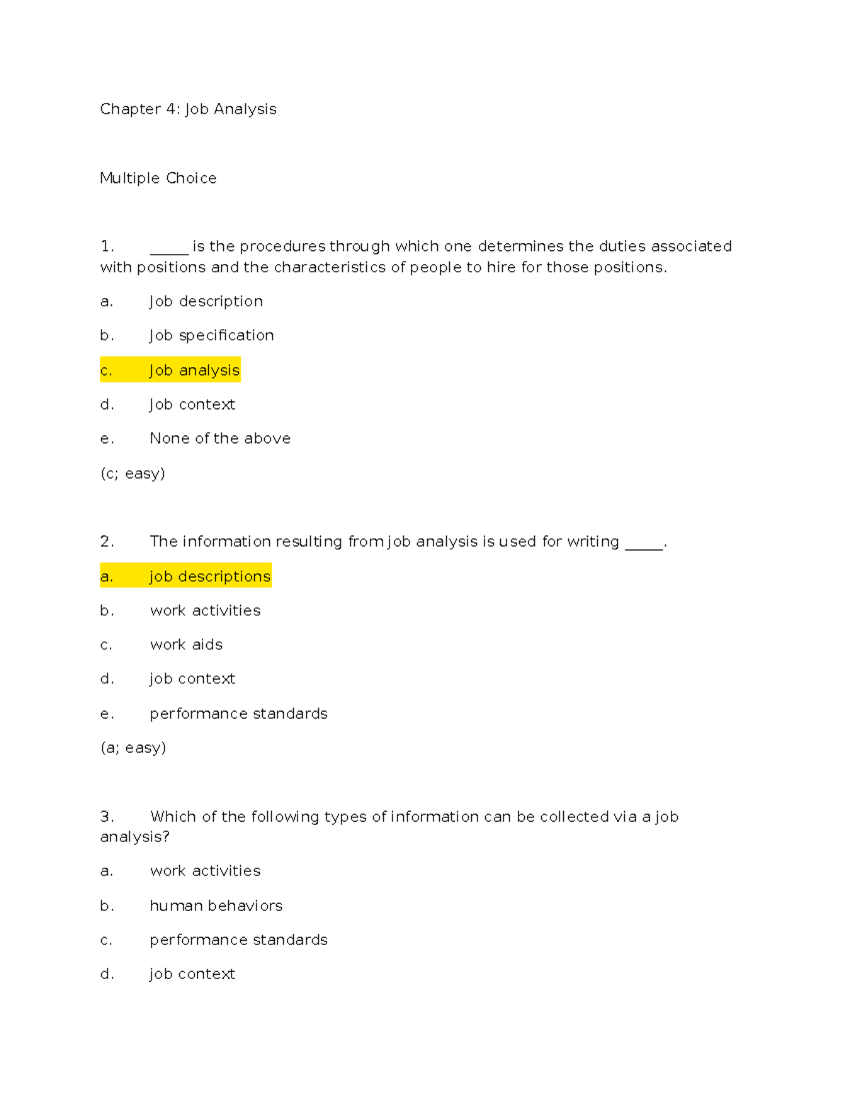 Chapter 4 MCQs - Lecture Notes 5 - Chapter 4: Job Analysis Multiple ...