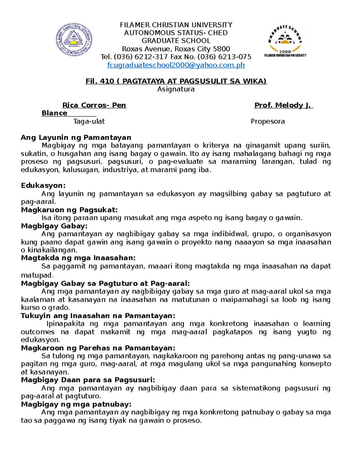 PEN RICA Corros SIPI SA FIL 410 Layunin NG Panutukan - FILAMER ...
