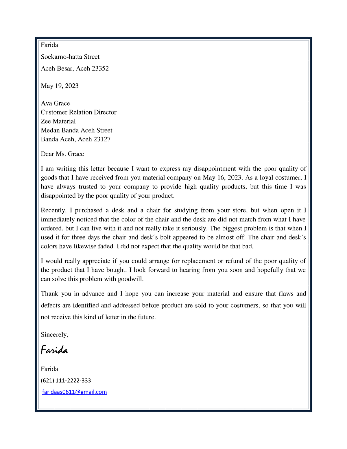 Farida.210610202008 4(final.complaint letter) - Writing Business ...