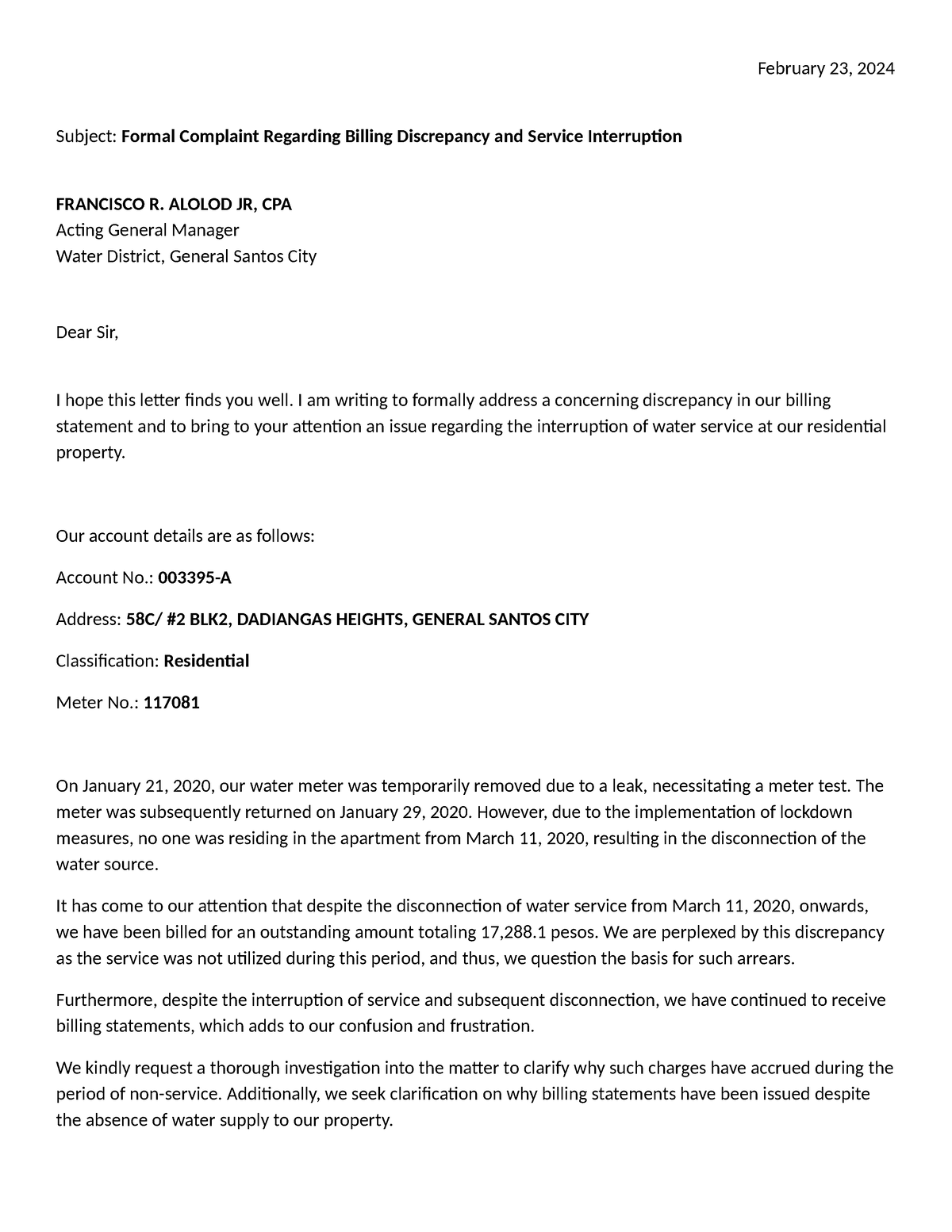 Water District Complaint - February 23, 2024 Subject: Formal Complaint ...