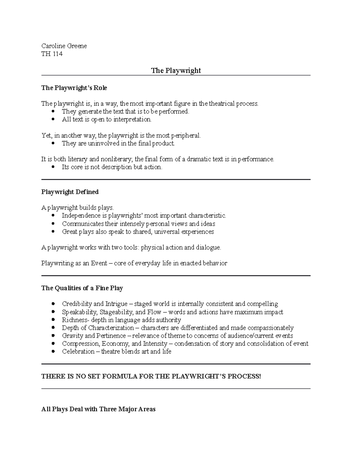 The Playwright - Lecture Notes 5 - Caroline Greene TH 114 The ...