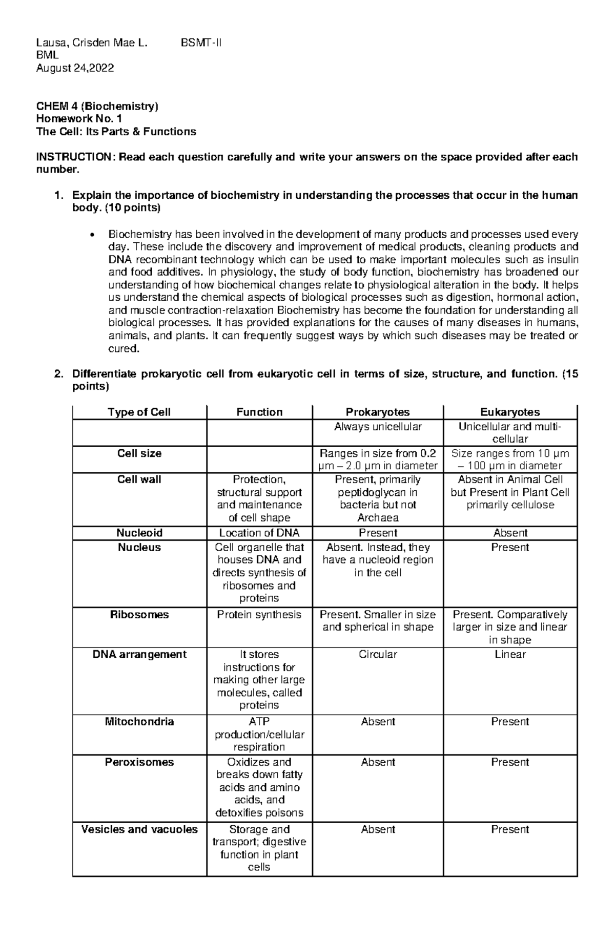 Lausa-Assignment 1 - Biochem Chapter 1 - Lausa, Crisden Mae L. BSMT-II ...