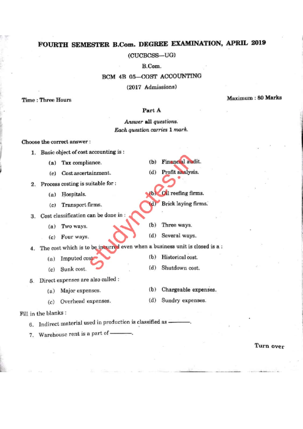 Cost Accounting 2019 Question Paper - Bachelor of commerce (bcom) - Studocu
