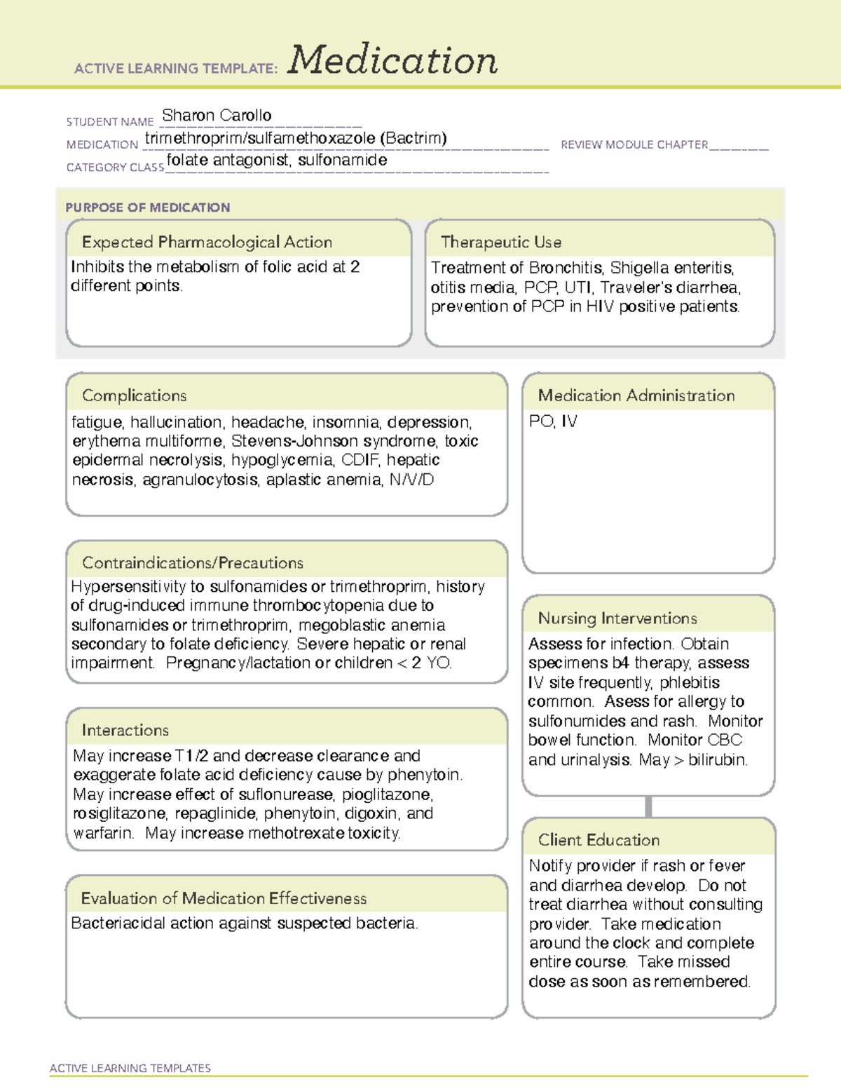 Bactrim - ALT - ACTIVE LEARNING TEMPLATES Medication STUDENT NAME - Studocu