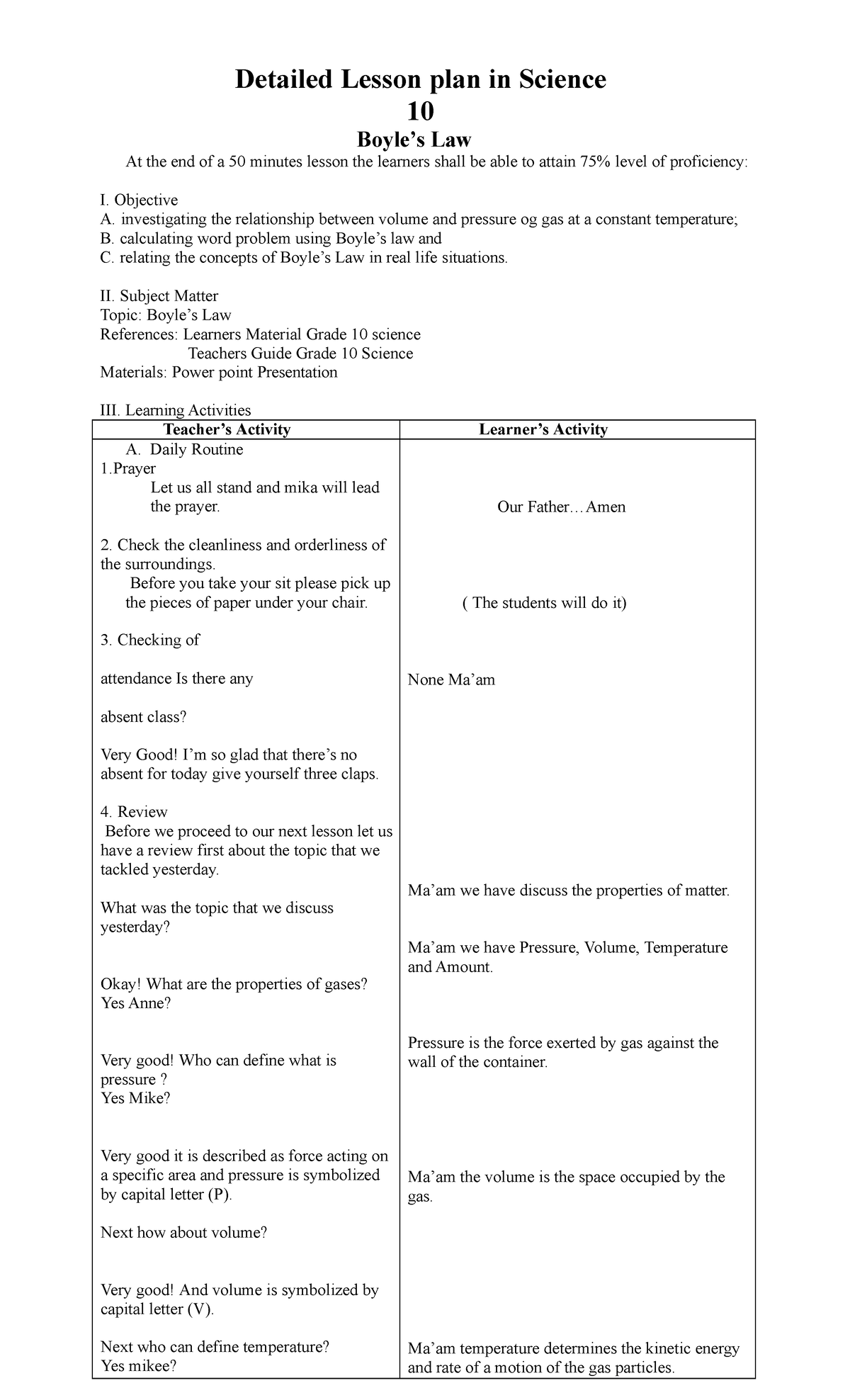 Boyle’s Law - This is a Chemistry Notes - Detailed Lesson plan in ...