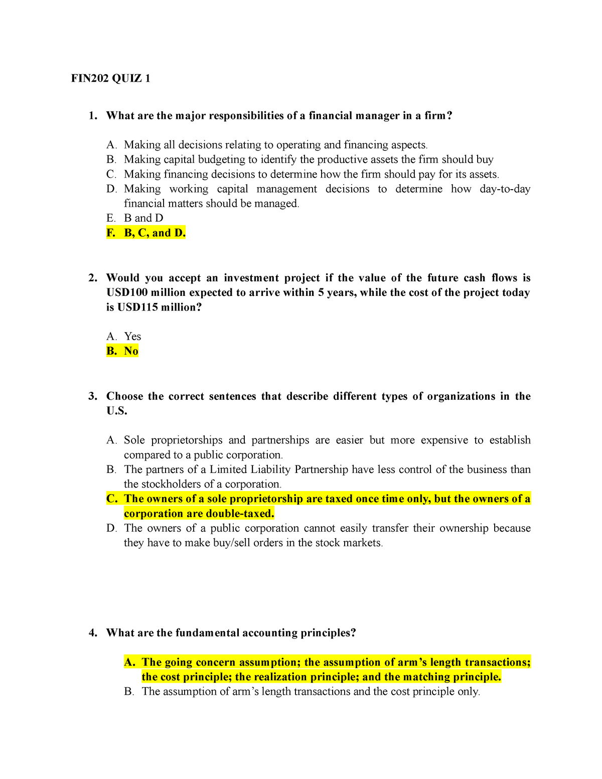 FIN202 QUIZ 1 Questions - FIN202 QUIZ 1 1. What Are The Major ...