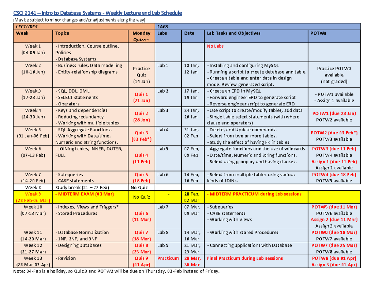 CSCI2141 - Weekly Lecture and Lab Schedule - CSCI 2 141 – Intro to ...