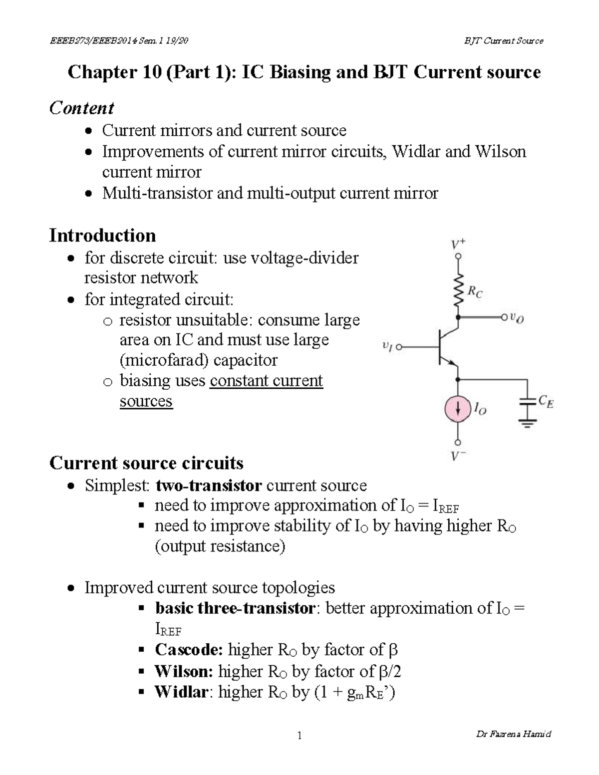 BJT Current Source use it bro Chapter 10 (Part 1) IC Biasing and BJT Current source Content