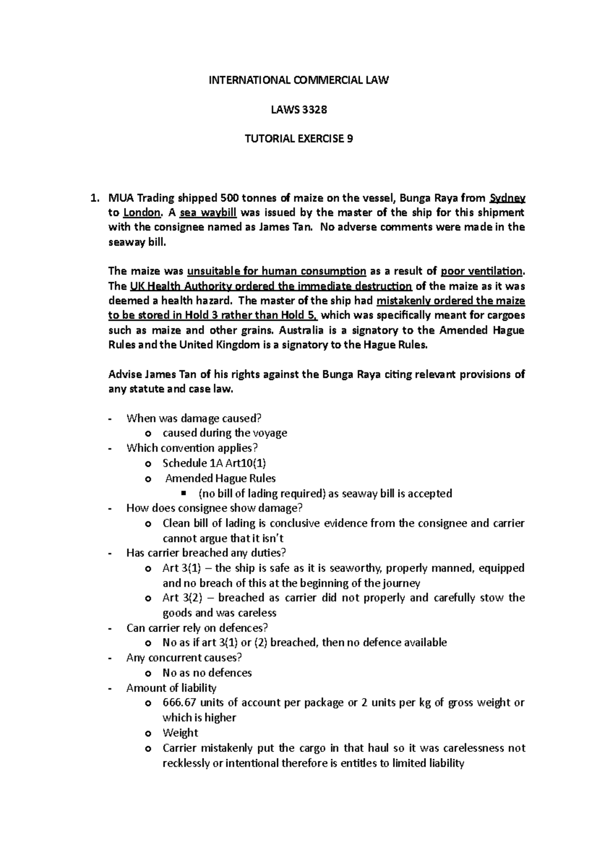 Tutorial 9 Tute 9 INTERNATIONAL COMMERCIAL LAW LAWS 3328 TUTORIAL
