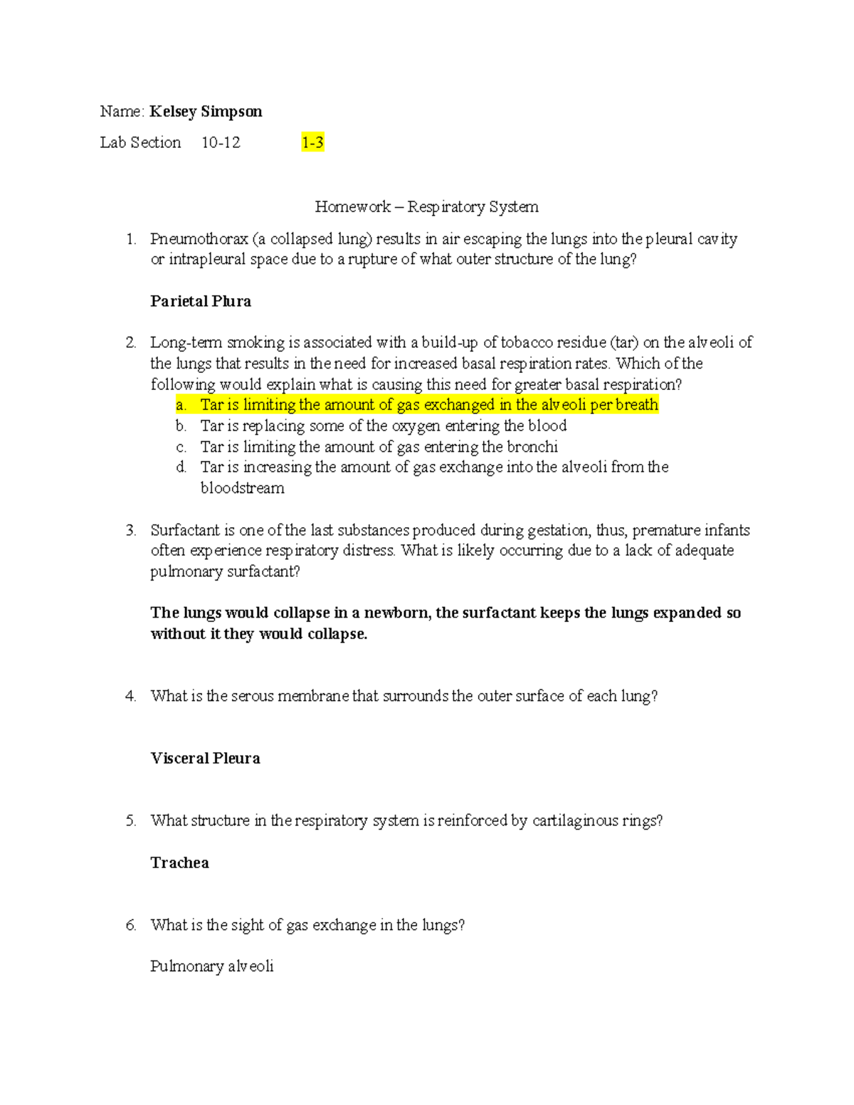 Respiratory System Homework - Kelsey Simpson - Name: Kelsey Simpson Lab ...