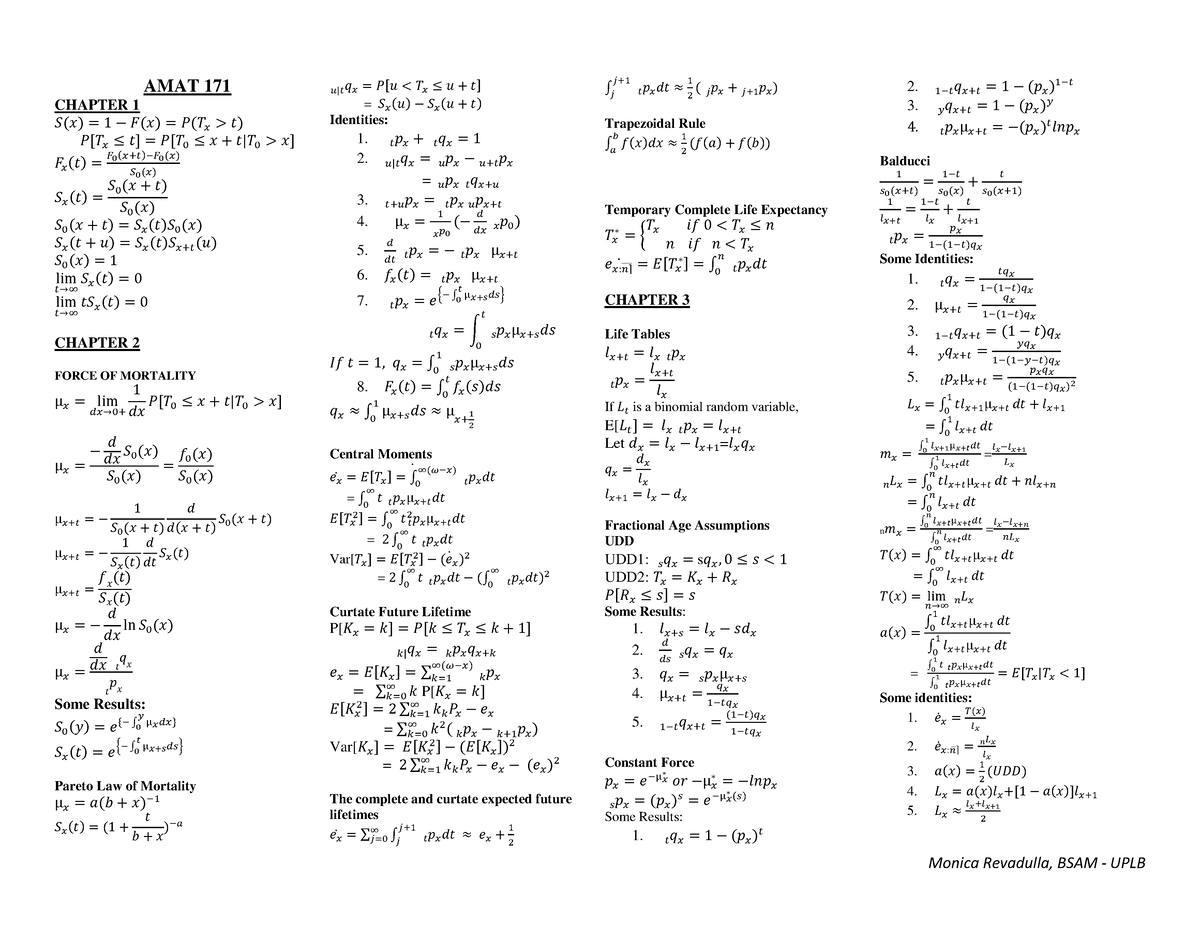 List of Formulas for Actuarial Mathemati - AMAT 171 CHAPTER 1 𝑆(𝑥) = 1 ...