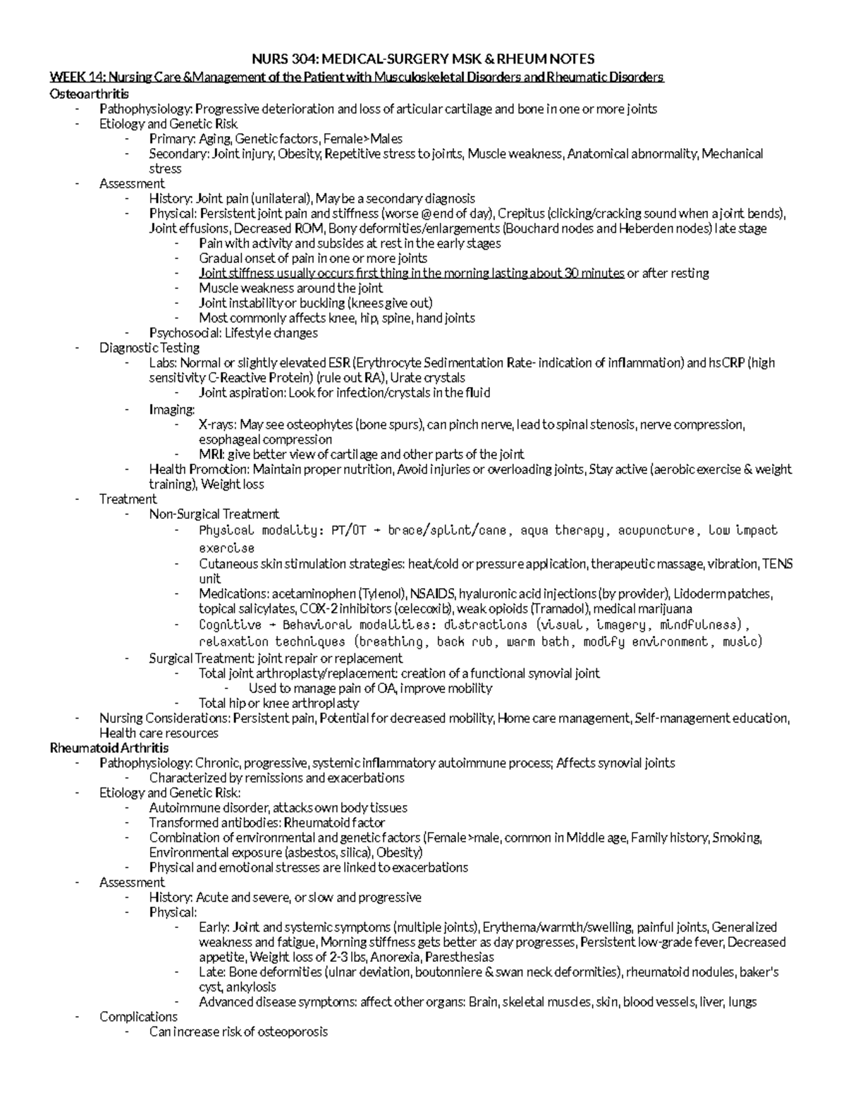 NURS 304 MSK Rheum Notes - NURS 304: MEDICAL-SURGERY MSK & RHEUM NOTES ...