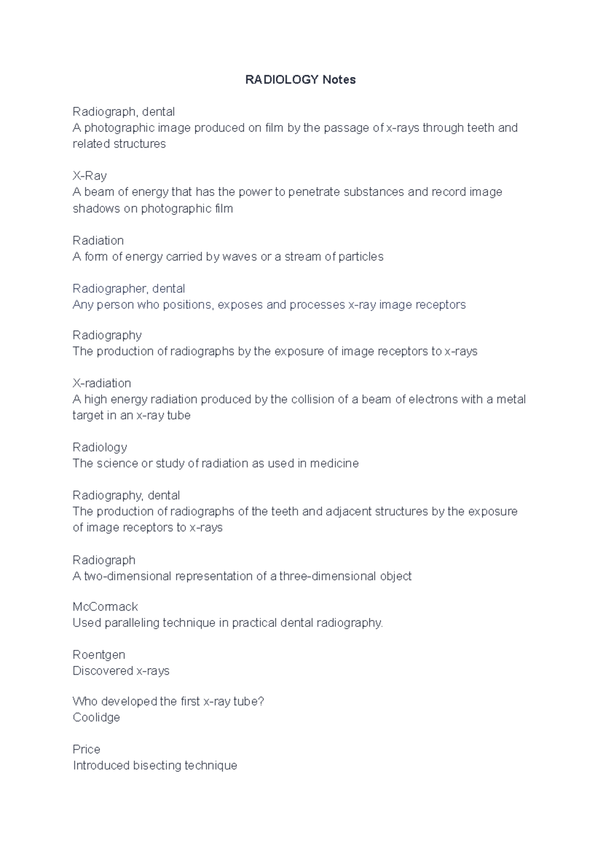 Ch1 radiology-2 - RADIOLOGY Notes Radiograph, dental A photographic ...
