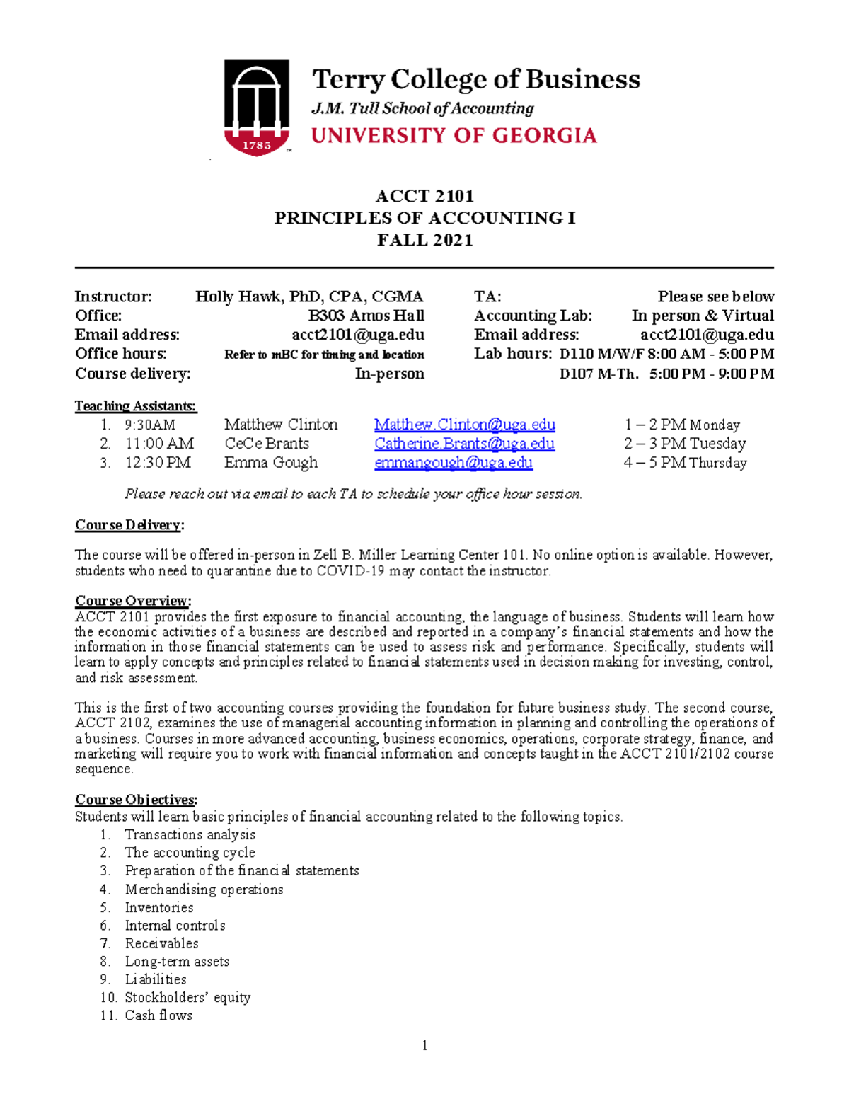 0 - Syllabus - Final FA2021 - . ACCT 2101 PRINCIPLES OF ACCOUNTING I ...