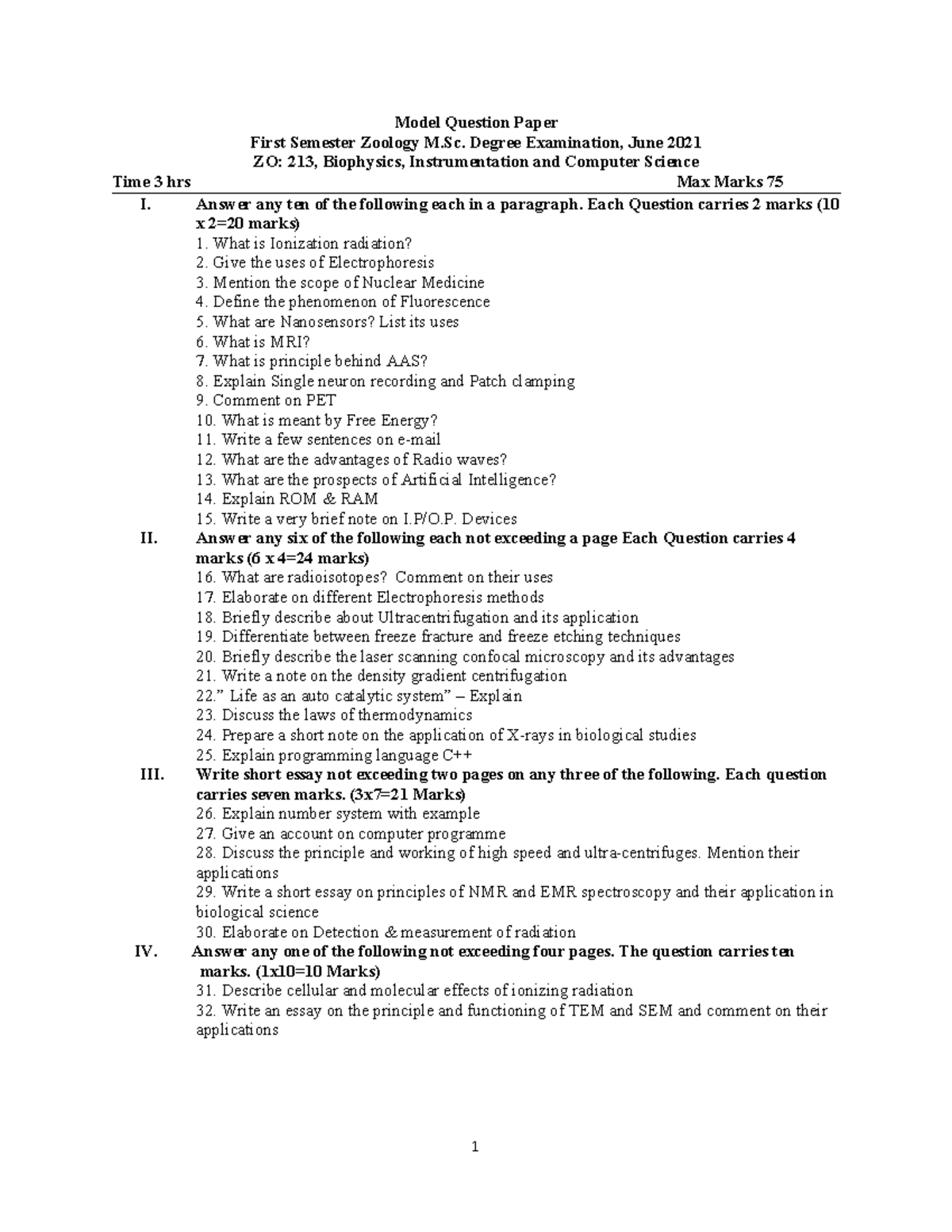 Biophysics instrumentation computer science 1 Model Question Paper