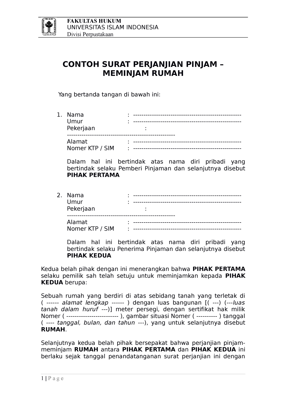 Contoh Surat Perjanjian Pinjam Meminjam Rumah FH UII - UNIVERSITAS ...