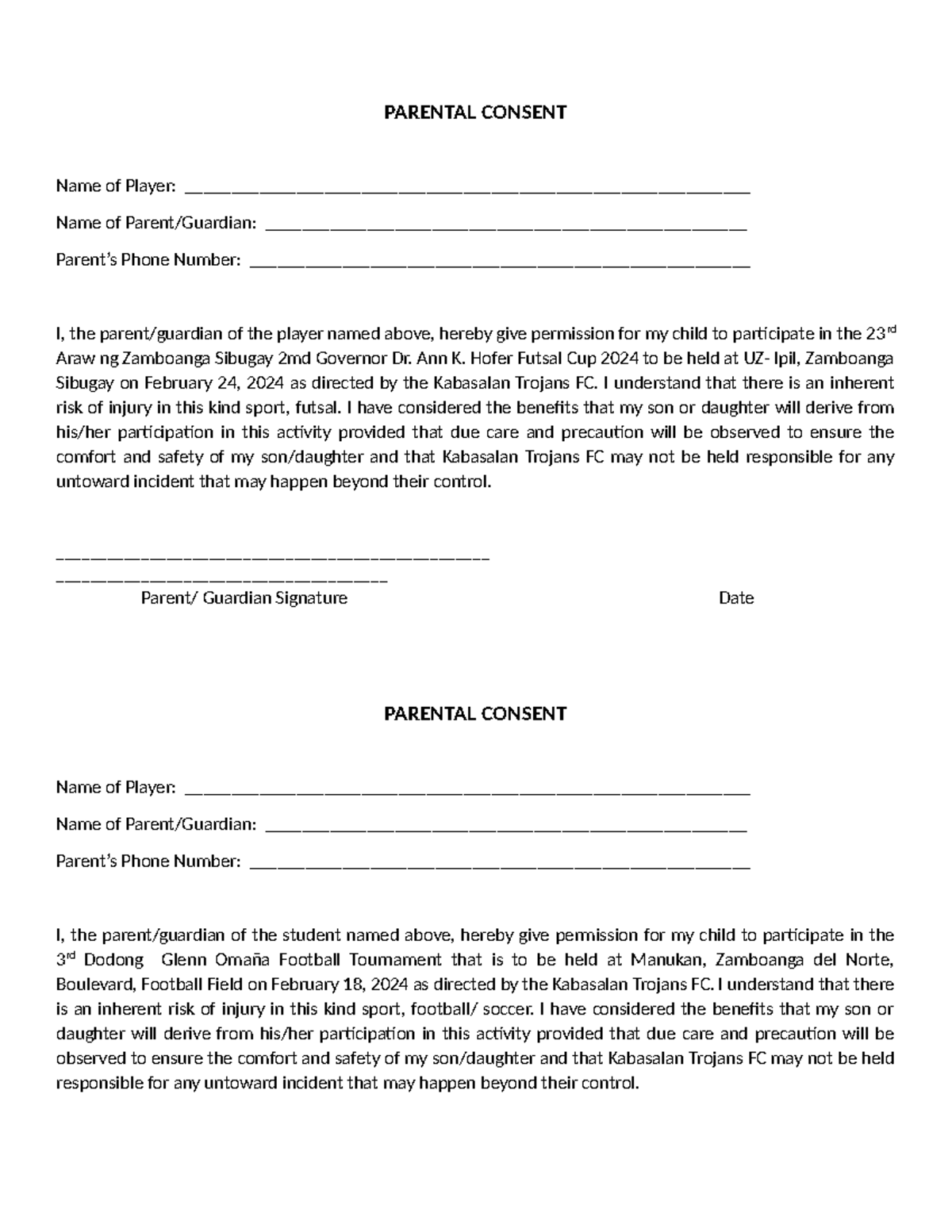 Parental Consent - PARENTAL CONSENT Name of Player: - Studocu