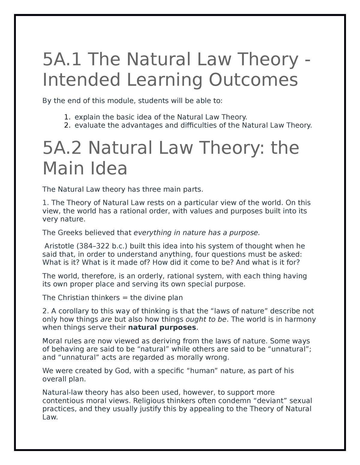 Ethics 11 Lecture Notes 3 7 5A The Natural Law Theory Intended 