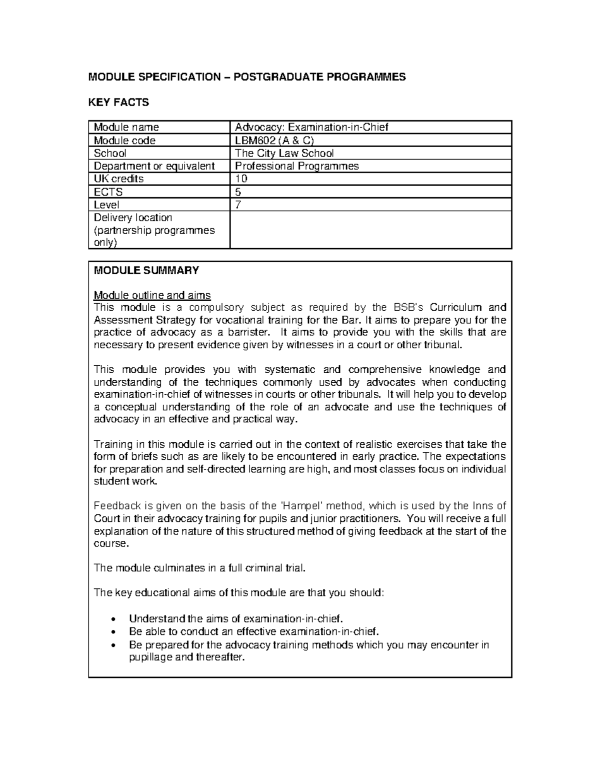 XIC Module Spec - MODULE SPECIFICATION – POSTGRADUATE PROGRAMMES KEY ...
