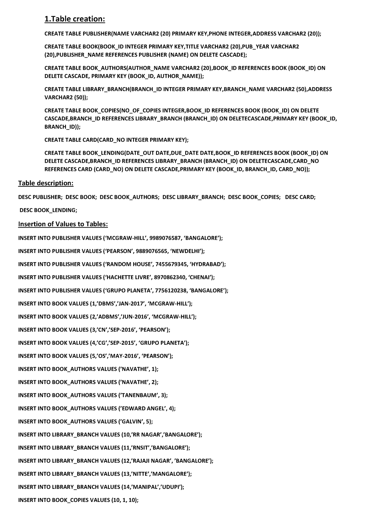 DBMS lab internal - class notes - 1 creation: CREATE TABLE PUBLISHER ...