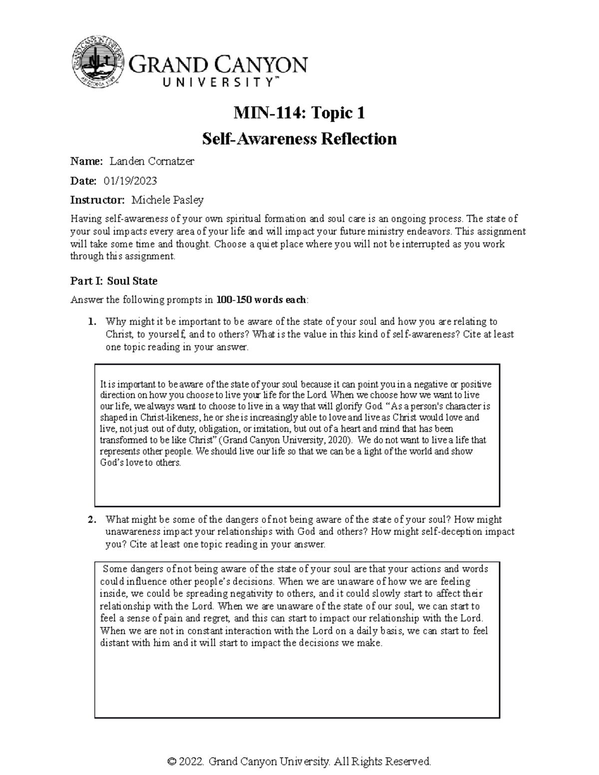 MIN 114 RS T1Self Awareness Reflection - MIN-114: Topic 1 Self ...